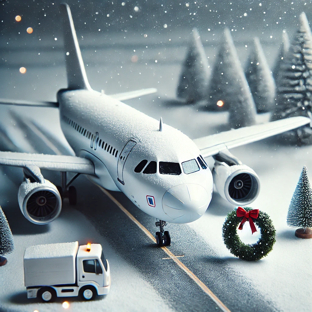 DALL·E 2024-12-26 13.45.35 - A detailed and realistic photograph-style image of an Airbus A319 airplane painted entirely in white, parked on a snowy tarmac. The scene features sub